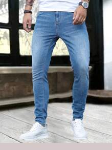 1 pieza Vaqueros de tela denim ajustada con cremallera y bolsillo para hombre