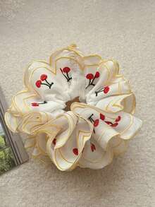 1 件缎面发圈，带刺绣樱桃图案，女孩发饰马尾辫夹，不伤发带，大号