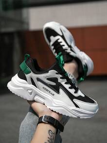 Men's Fashion Contrast Color Letter Pattern Leather & Mesh Patchwork Retro Chunky Sneakers, Lace-Up Soft Lightweight Comfortable Outdoor Reflective Jogging Shoes, Couples Style For All Seasons Valentine's Day Ideas - Contrasting Colors - View 7