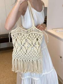 2025 Handmade Hollow-Out Woven Fringe Shoulder Bag, Boho Style Large Capacity Commuter Bag, Spring-Summer Outfit Complement For Free And Relaxed Vibe