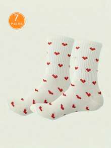 1 双女式白色 Ins Style 心形图案中筒袜，运动学院风，秋季