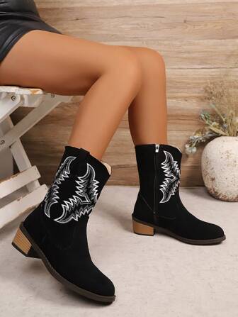 Women's Western Style Boots, Casual Mid-Calf Boots, Retro Fashion Design, Thermal Lined Lining, All Season