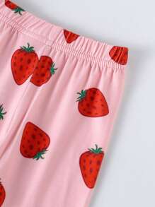 2pcs Cute & Comfortable Baby/Toddler Girls Sleeveless Off-Shoulder Romper + Strawberry Print Pants Outfit, Thin, Spring/Summer