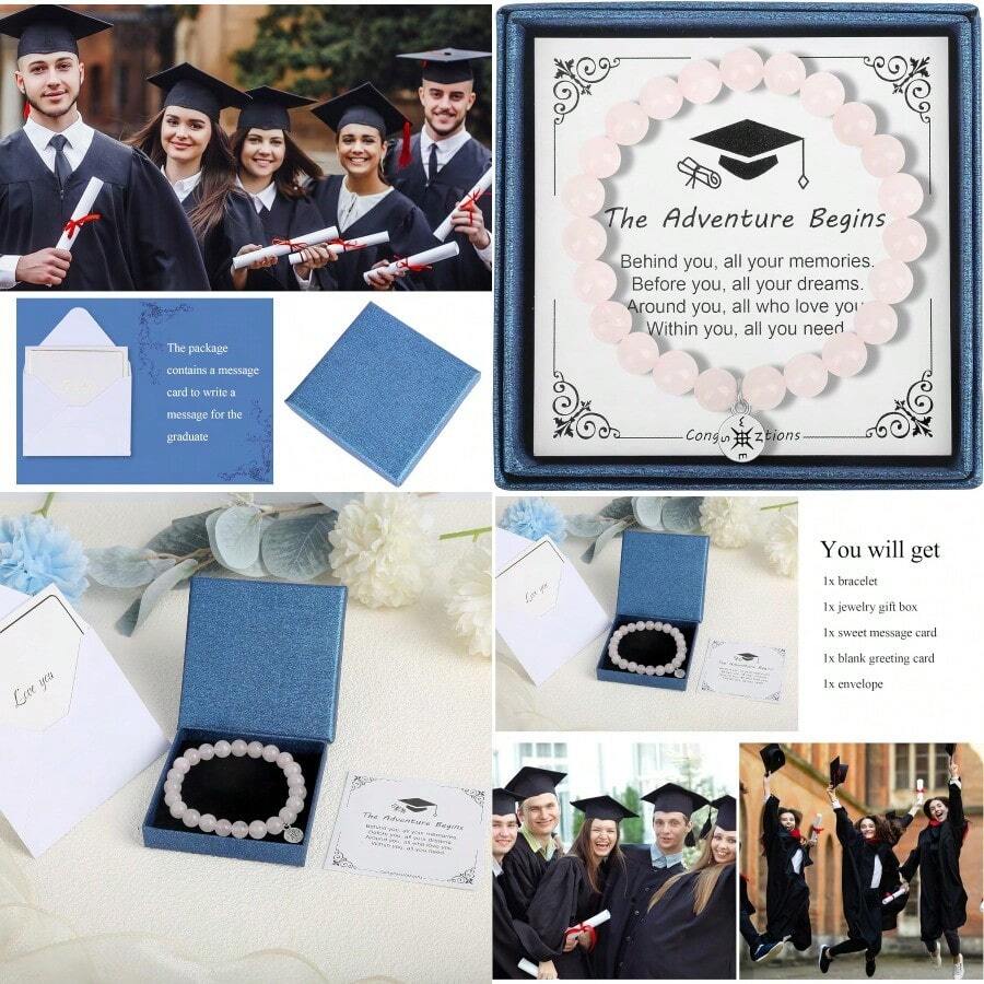 Graduation Bracelet Gifts For Her Him 2025 College High Middle School 5th 6th 8th Graduation Stretch Beads Compass Bracelet For Women Men Son Sister Brother Jewelry With Gift Message Card