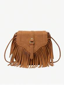 MIYIN 1pc Fashionable Vintage Fringed Bag For Woman,Metal Decor Flip Tassel Crossbody Bag, Retro Matte Bohemian Style Women Bag For Festivals,Vacation,Holiday,Travel,Outdoor,Shopping, Dating, Party, Small Saddle Bag Handbag Shoulder Bag Western Purse For Lady - Multicolor - View 3