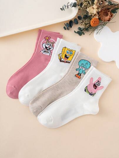  4 Paar Damen Cartoon SpongeBob Serie Oktopus, Küken bunte Jacquard Kniestrümpfe, Athletic Stil, ganzjährig, Europäische Größen, komfortabel atmungsaktiv, leuchtende Farben, geeignet für den täglichen Gebrauch, Premium-Gewebe, nicht schwitzend