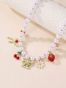1 colar com pingente de pérola falsa, cereja, morango e margarida, elegante e moderno, acessório para mulheres, uso diário, festa, feriado