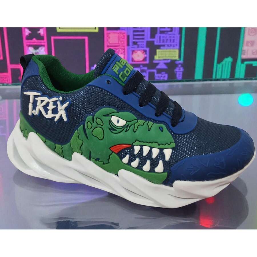 Tenis de luces para niño y niña, unisex, zapatillas de focos color azul con verde, gris con verde, antiderrapante, prende al golpear el suelo, material tela, diseño de dinosaurio moderno - Azul Marino - Ver 1