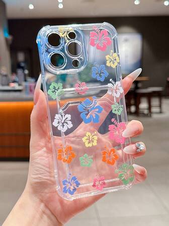 1pc Colorful Cute Hibiscus Flower Anti-Drop Card Slot Wallet Phone Case, Soft TPU Shock-Absorbing, Compatible With IPhone 16 Pro
