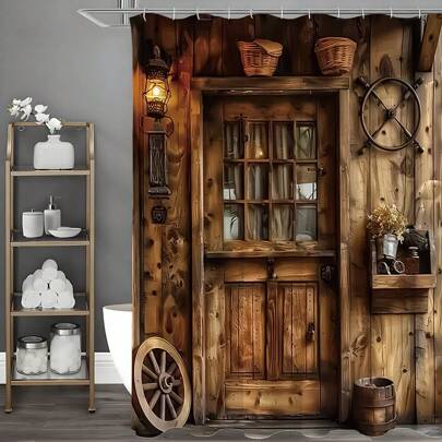 1pc Vintage Wooden Door Pattern Shower Curtain, Home Decor Shower Curtain, Bathroom Modern Style Shower Curtain With 12 Hooks Bathroom Accessories Back To School