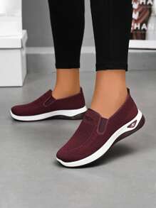 Women's Slip-On Loafers - Elastic Knit Upper & Breathable Mesh Sporty Shoes, With Soft Rubber Sole, Comfortable Casual Shoes For All Seasons, Available In Colors Like Burgundy/Black, Slip-On Sneakers With Breathable Knit Fabric