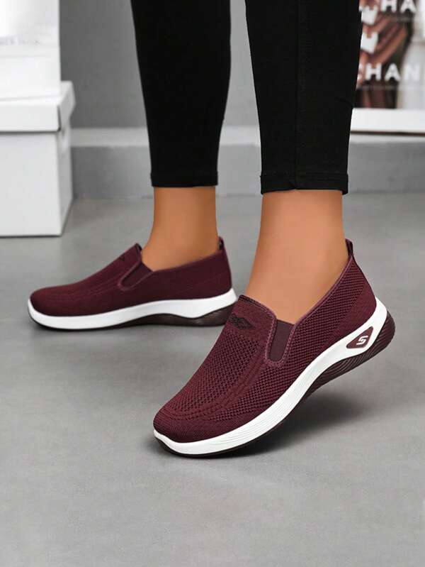 Women's Slip-On Loafers - Elastic Knit Upper & Breathable Mesh Sporty Shoes, With Soft Rubber Sole, Comfortable Casual Shoes For All Seasons, Available In Colors Like Burgundy/Black, Slip-On Sneakers With Breathable Knit Fabric