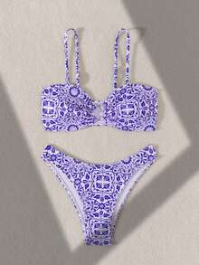 2pcs Blue & White Print Fashion Beach Swimwear Set, Spring/Summer - Multicolor - View 4