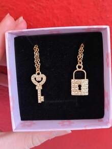 Rhinestone Key And Padlock Necklace Set Couple Friendship Couple Gift - Vàng - Xem 3