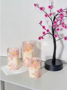 1/3 Sets Sakura Floral Artificial Candle Sticks, LED Flameless Candles With Remote And Timer, Flower Decor Pillar Candles, Home Decor Desk Accent - trong suốt - Xem 3