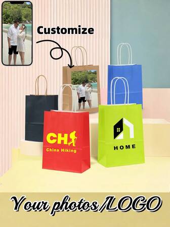 Customized Kraft Paper Shopping Bag, Upload Custom Images/Text/Logo, Kraft Paper Tote Bag, Kraft Paper Storage Bag, & Minimalist Design, Suitable For Outing, Home, Gifts, Shopping And More Scenarios