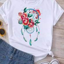 Refreshing SummerFashion Feather Dreamcatcher T Shirt Women Harajuku Graphic Tees Shirt Femme Dream Catcher Women's T-Shirt Clothes Tops