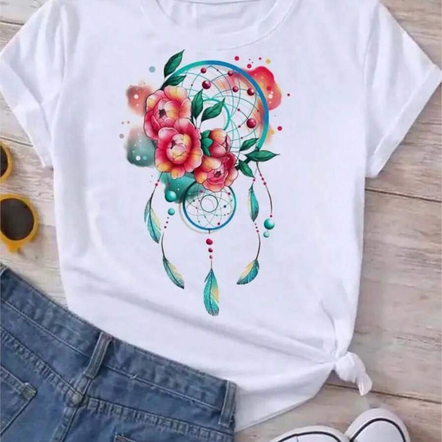 Refreshing SummerFashion Feather Dreamcatcher T Shirt Women Harajuku Graphic Tees Shirt Femme Dream Catcher Women's T-Shirt Clothes Tops