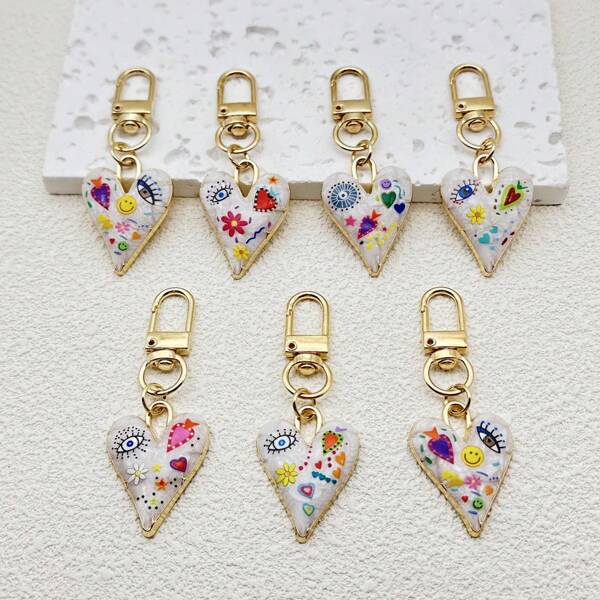 7 Pieces Fashion Cute Cartoon Love Devil Eyes Joy Face Flower Keychain, Bag Charms Accessories, Ins Couple Style Keychain, Creative Valentine's Day Gift