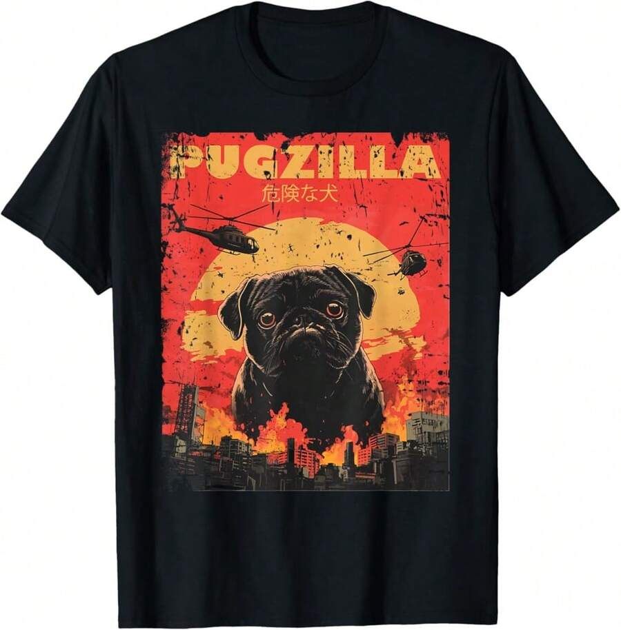 Diseño de camiseta "Pugzilla" para dueños de perros pug, ropa vintage retro, camiseta de Pugs - Negro - Ver 1