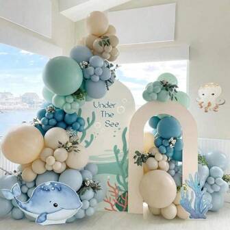 Juego de 147 piezas/Set para arco de globos con tema oceánico, incluye globos de látex en tonos azul grisáceo, azul pavo real, verde claro y beige, adecuado para decoración de boda submarina, baby shower y fiesta de cumpleaños