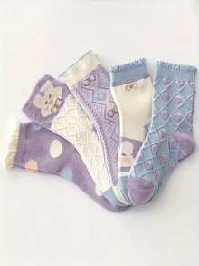 10 双女童草莓花卉图案针织透气中筒袜，四季休闲穿搭