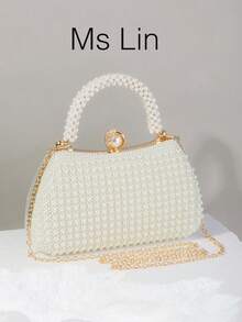 优雅的珍珠装饰手拿包，高端礼服手提包，适合订婚派对、旗袍礼服、正式女士晚会，优雅的珍珠包 - 米色 - 查看 1