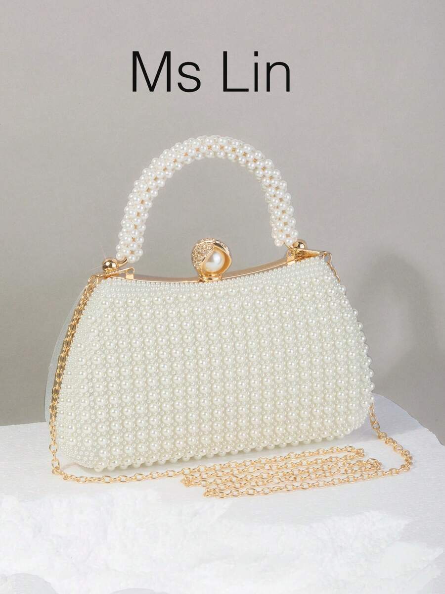 优雅的珍珠装饰手拿包，高端礼服手提包，适合订婚派对、旗袍礼服、正式女士晚会，优雅的珍珠包 - 米色 - 查看 1