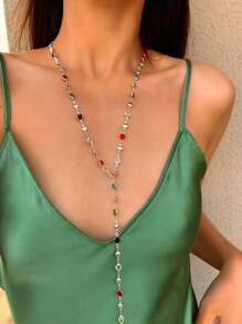1 peça Novo colar longo em formato de Y com contas de vidro redondas, estilo boêmio/dourado/prateado, adequado para festas, gala, feriados, verão, decoração de praia, cor brilhante aleatória