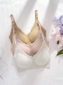 3 Stück/Set Drahtlose Damen Sport-BHs mit Bandeau-Wellen-Saum, bequeme breite Träger nahtlose BHs