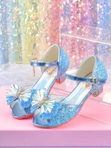 女童时尚蓝色蝴蝶结水晶高跟凉鞋，学生公主鞋