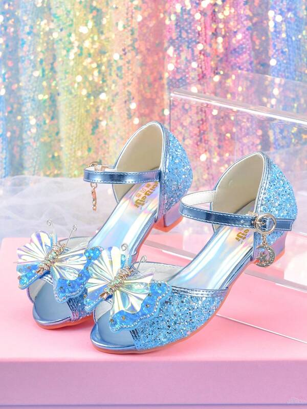 Sandalias de tacón alto con lazo azul y cristales, zapatos de princesa para estudiantes