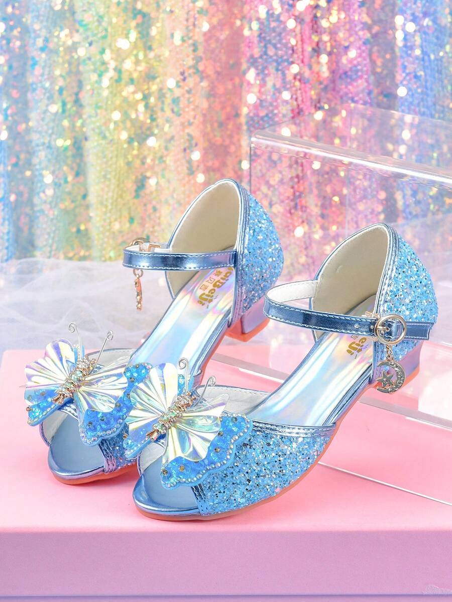女童时尚蓝色蝴蝶结水晶高跟凉鞋，学生公主鞋
