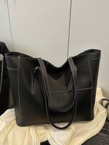 Simple Solid Color Chic Luxury PU Leather Tote Bag, Fashionable Niche Design - Black - View 2
