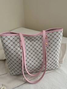 新款复古印花女士手提包，大容量超轻铆钉装饰，适合通勤、购物、办公室、大学 - 粉色 - 查看 8