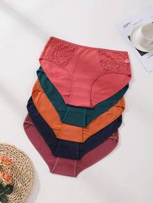 8件装女士加大码内裤中腰无缝三角裤性感蕾丝拼接舒适运动内衣收腹提臀弹力内衣 - 彩色 - 查看 6