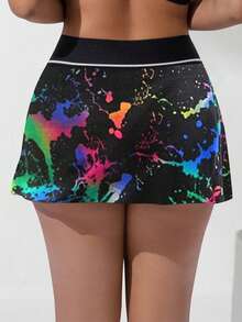 Tie Dye Contrast Hemmed Accessible Sports Culottes - Black - View 5