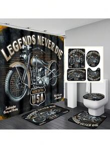1 Stück/4 Stück Badezimmer Komplett-Set mit Vintage Motorrad Drucken, elegante moderne Heimdekoration, Duschvorhang für Zuhause, komplettes 4-teiliges Toilettenmatten-Set, einfach zu installieren mit Mehrfach-Haken - das perfekte Geschenk für Freunde und Familie! Schulanfang