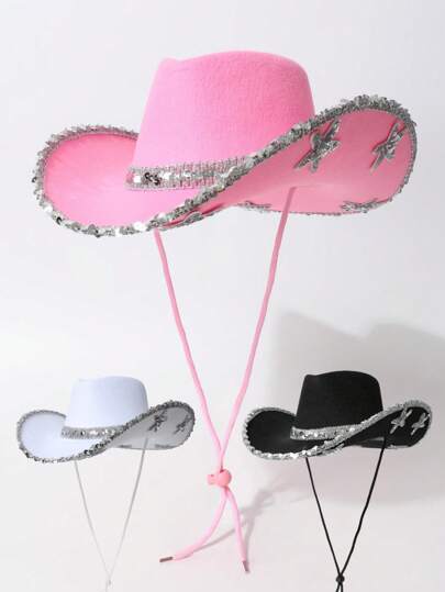 1pc Women's Western Cowboy Hat, Sun Protection Hat, Party Hat With Silver Starfish Decor, Suitable For Music Festivals, Western Style Events, Retro Parties, Cosplay, Costume Parties, Birthday Celebrations, Stage Performances, Beach Wear, All Seasons