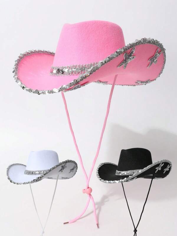 1pc Women's Western Cowboy Hat, Sun Protection Hat, Party Hat With Silver Starfish Decor, Suitable For Music Festivals, Western Style Events, Retro Parties, Cosplay, Costume Parties, Birthday Celebrations, Stage Performances, Beach Wear, All Seasons