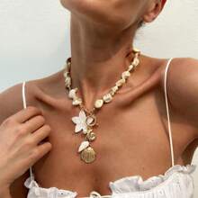 1 pièce Ensemble de collier pendentif en alliage de coquillage et étoile de mer, chaîne de clavicule de décoration de plage décontractée