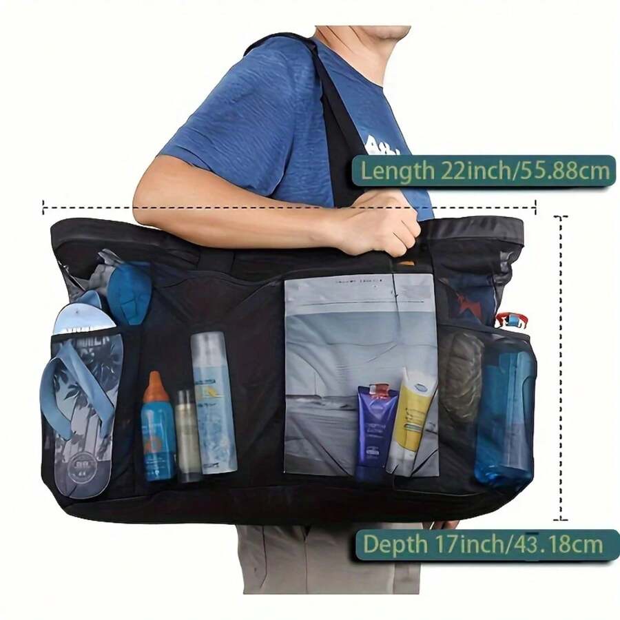 Bolsa de Playa Extra Grande - Ligera, impermeable, plegable, con correas de malla, bolsillos con cremallera y correas de hombro fijas - Negro - Ver 1