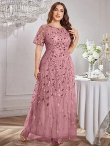 UNITHORSE Vestido Acampanado de Talla Grande con Cuello Redondo, Lentejuelas, Bordado y Patchwork - Rojo violeta - Ver 6