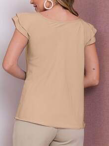 MARILYN MONNA Blusa Feminina Babado com botao manga curta Regata moda verão camiseta - Caqui - Visão 3