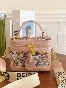 Fashionable PU Leather Handbag, Cute Cartoon Bear Print Bucket Bag, With Adjustable Strap, Casual  Versatile High-Quality Daily Commuting Bag, Unique Bags, Shoulder Bags - 藍色 - 查看 5