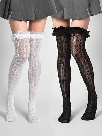 1 Pair Women's Heart Pattern Lace Thigh High Stockings Ruffle Trim Bowknot Over Knee High Socks