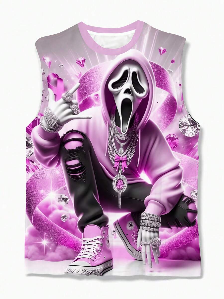 男士骷髅印花背心，休闲度假背心，适合外出和街头穿着 - 彩色 - 查看 1