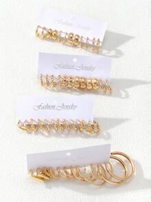 48/24/12 件复古朋克风格女士时尚优雅环形仿珍珠耳环套装，女士珠宝，波西米亚风格 - 百搭日常佩戴，适合日常、约会、派对、送给朋友的礼物 - 金色 - 查看 4