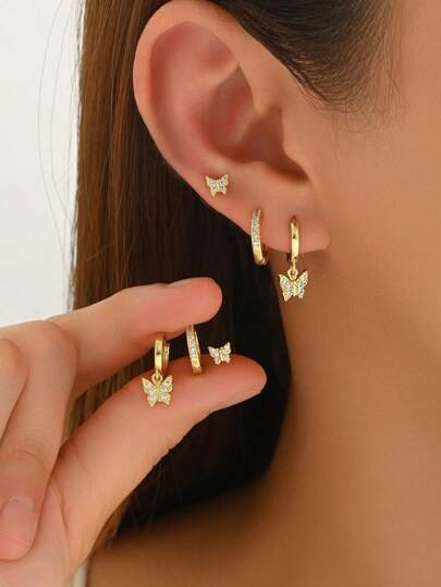 3 Paar elegante kleine Schmetterlings-Anhänger Gold-Creolen Set, Schmuck für Damen, Geschenke für sie