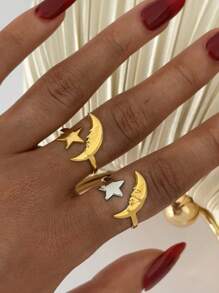 1pc/2pcs Retro Moon Star Open 18k Gold Plated Stainless Steel Ring Women Men Punk Fashion New Gold And Silver Geometric Knuckle Ring Set Jewelry Gift